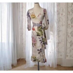 Ganni Romantic Pastel Floral Mesh Wrap Dress Size 36 Small Ruffled Hem Sash Belt